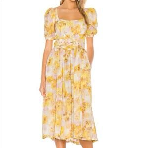 For Love & Lemons | Womens Zinna Midi Dress Lemonade Yellow Floral Smocked Small